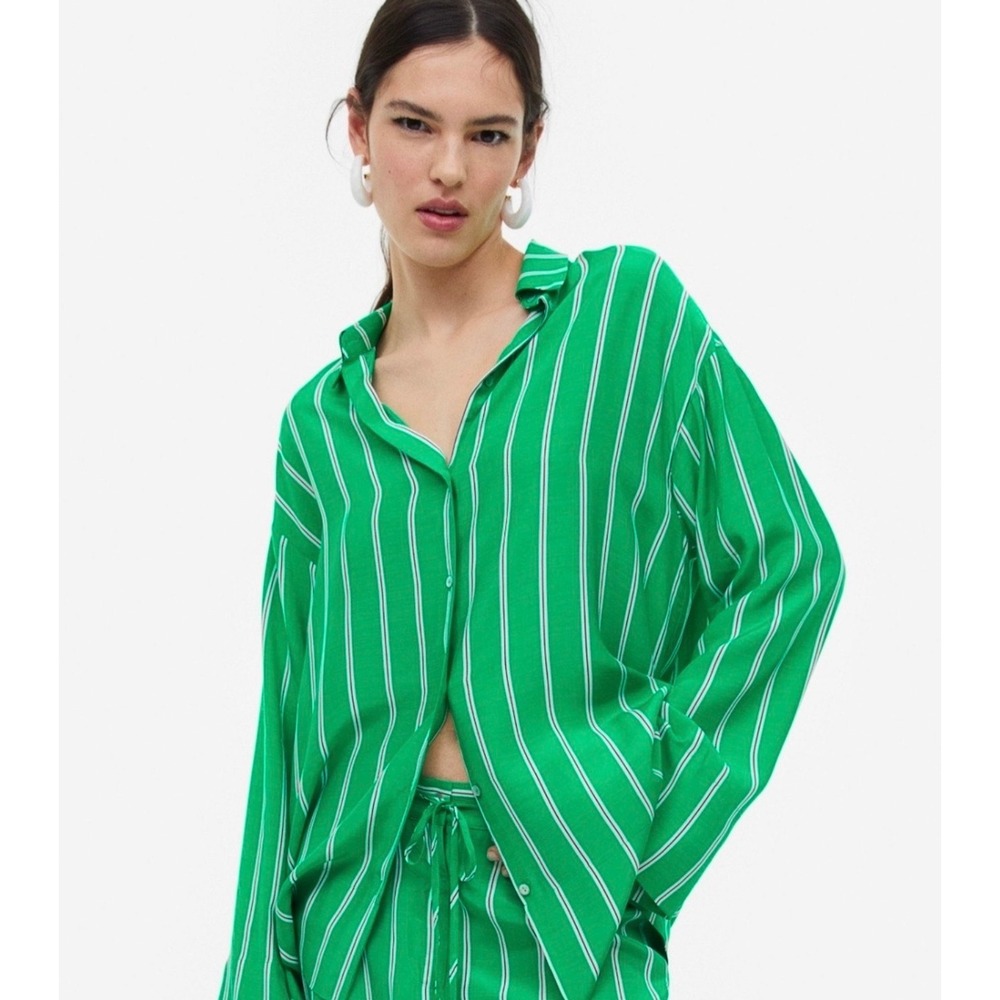 H&M Green Striped Oversized Button Down Shirt Long Sleeve Loose Fit Blouse XL